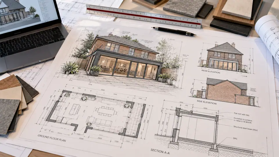 Architectural drawings of a rear house extension on a desk, with a perspective sketch, elevations, a ground floor plan and a section
