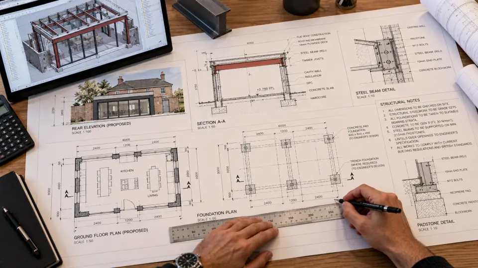 Structural drawings for an extension on a desk, with a steel beam detail, foundation plan and section, and a hand drawing a line against a ruler