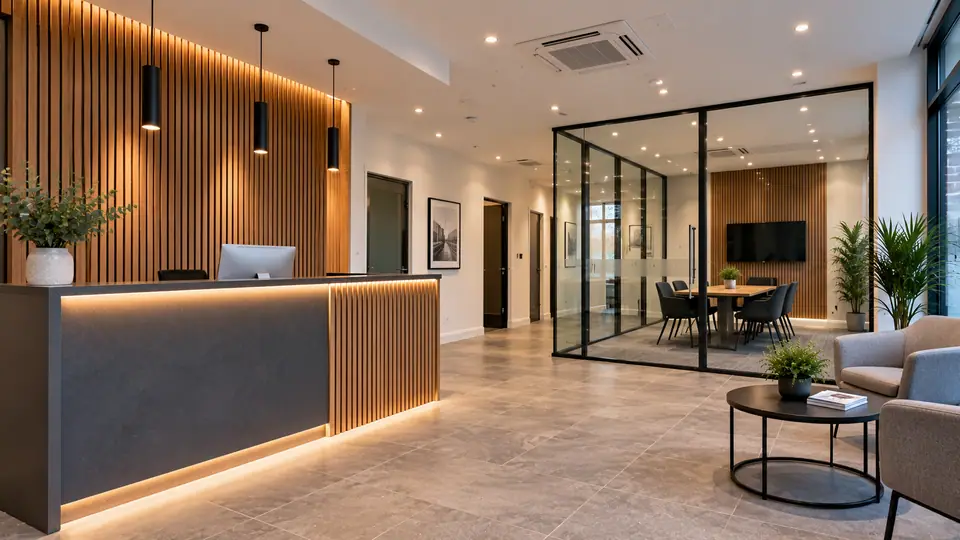 A commercial reception and meeting space with timber slats, glass partitions and warm lighting