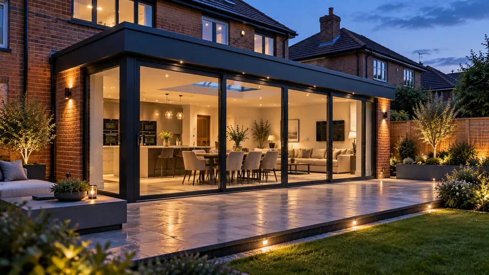 A brick house with a glazed rear extension lit up at dusk
