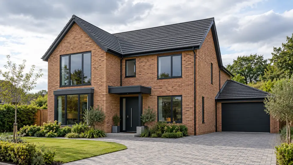 A new brick-built detached house with a dark tiled roof and a landscaped front garden