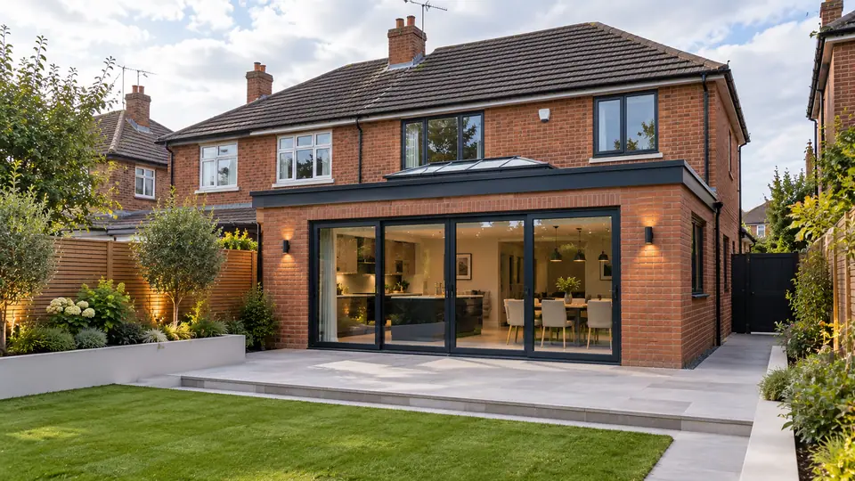 A brick semi-detached house with a rear extension, a rooflight and sliding glass doors onto a patio and lawn