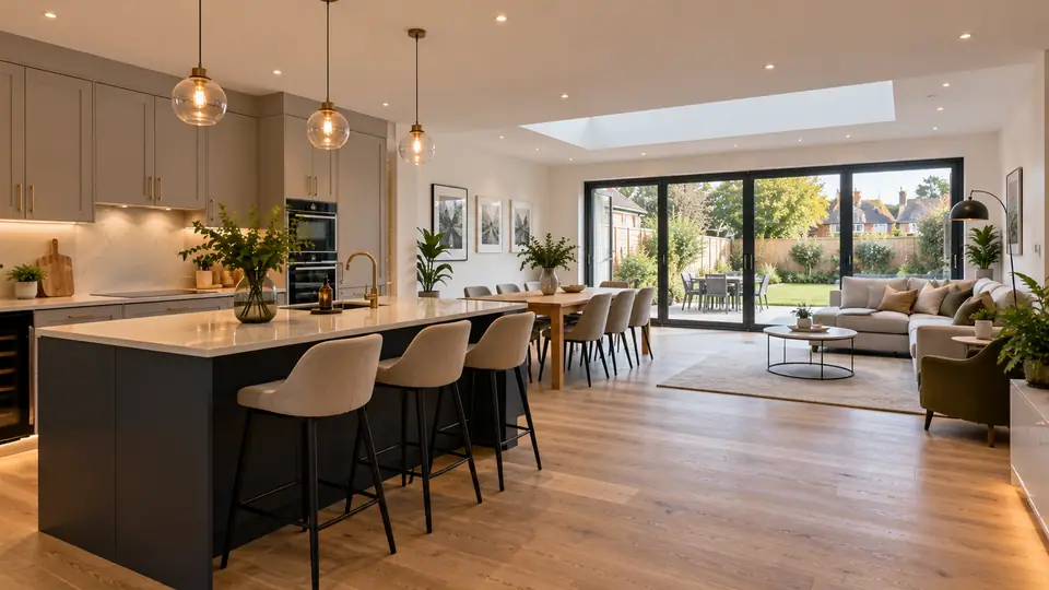 A refurbished open-plan kitchen and dining space with oak flooring and sliding doors to the garden